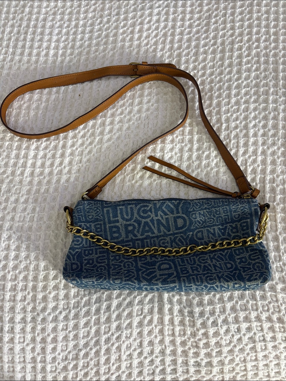 Lucky Brand Denim Logo Crossbody with Tan Strap and Gold Chain